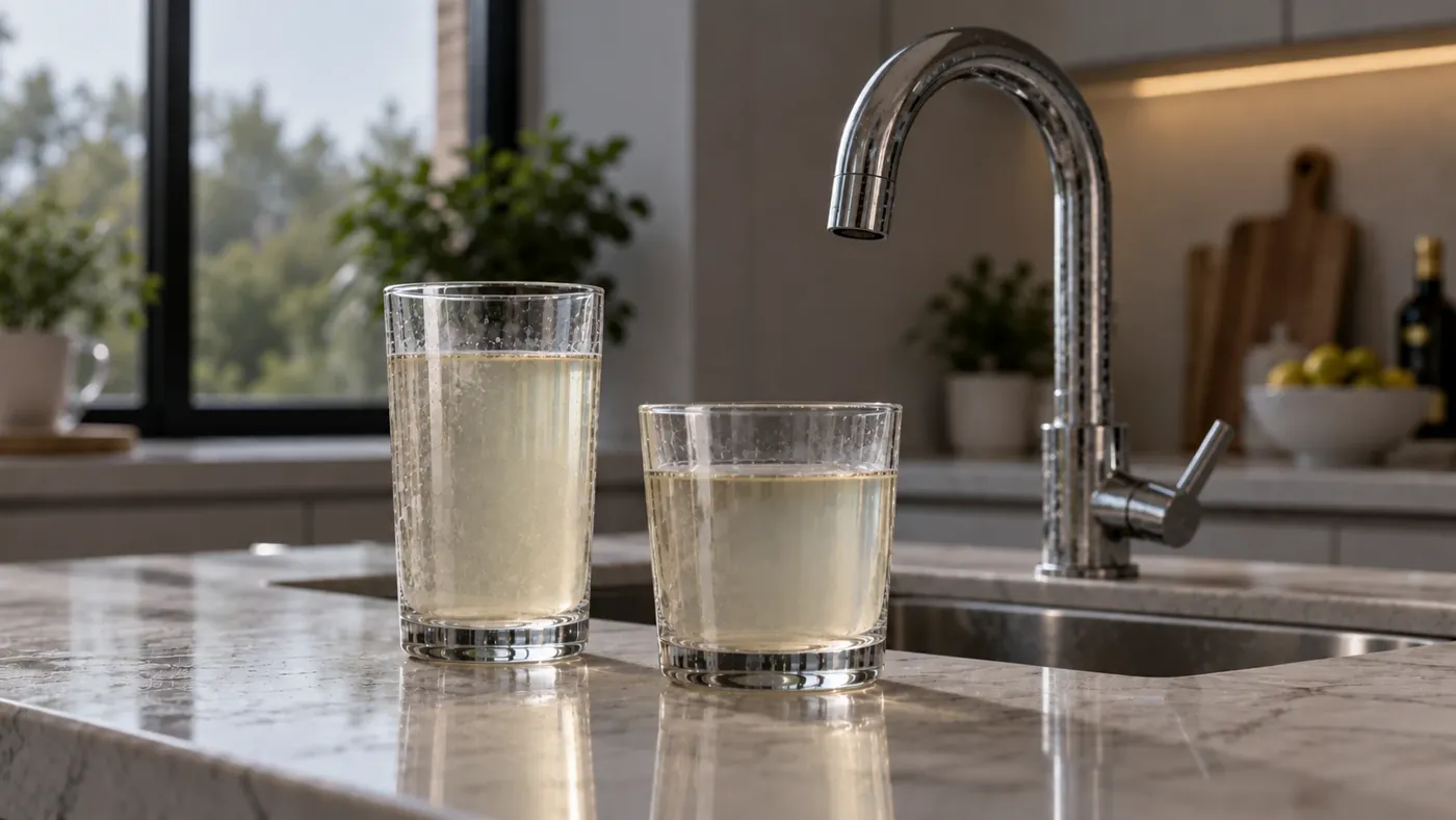 Antes: vasos con agua turbia y marcas de sarro en la encimera de la cocina