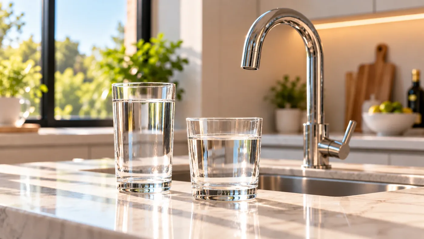 Después: vasos con agua cristalina en la encimera de la cocina
