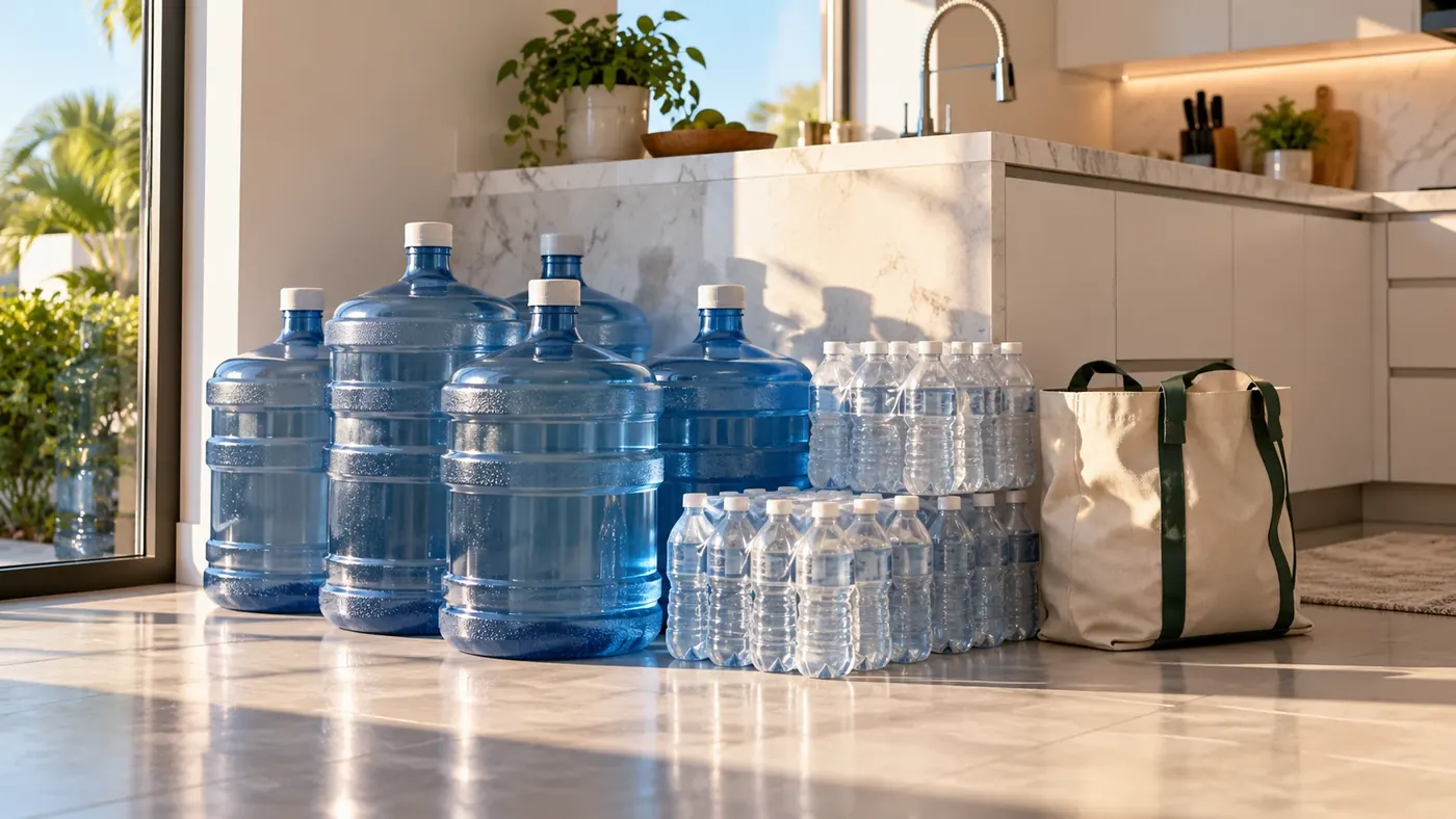 Garrafones y botellas de agua en la cocina