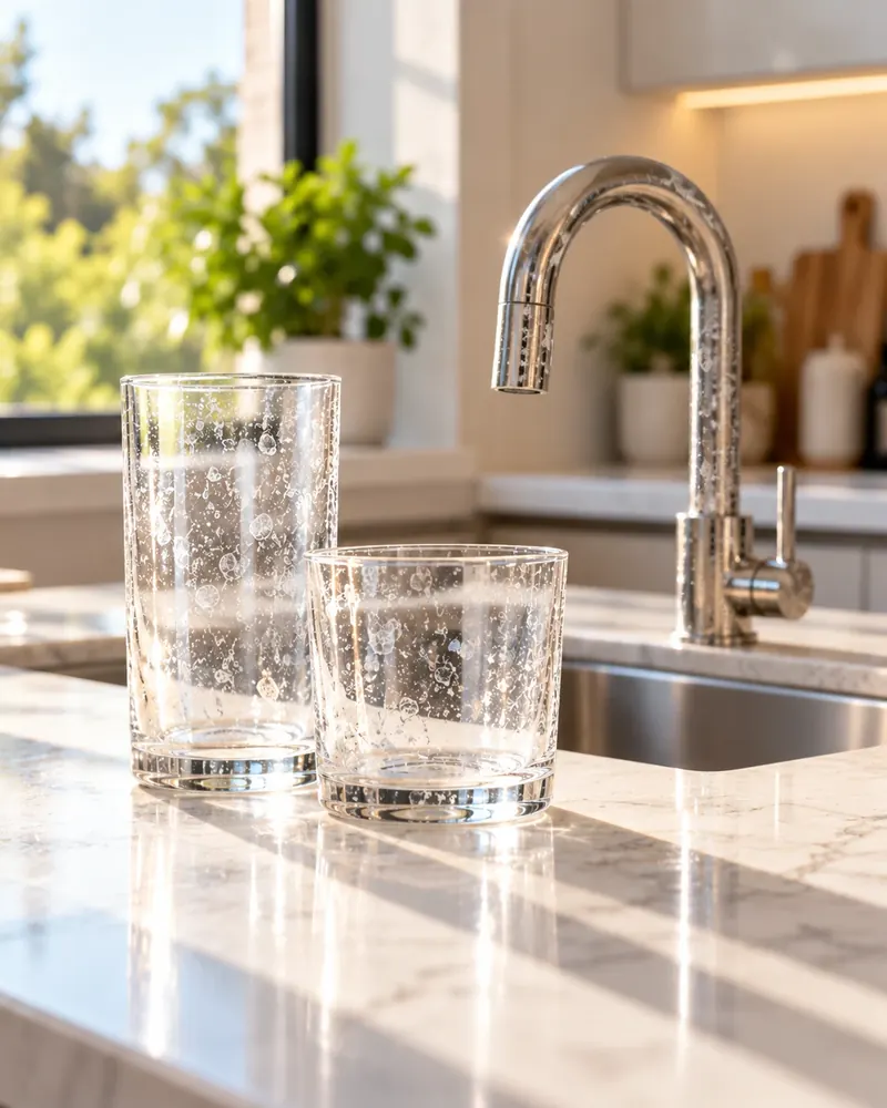 Vasos y grifo con manchas blancas de sarro